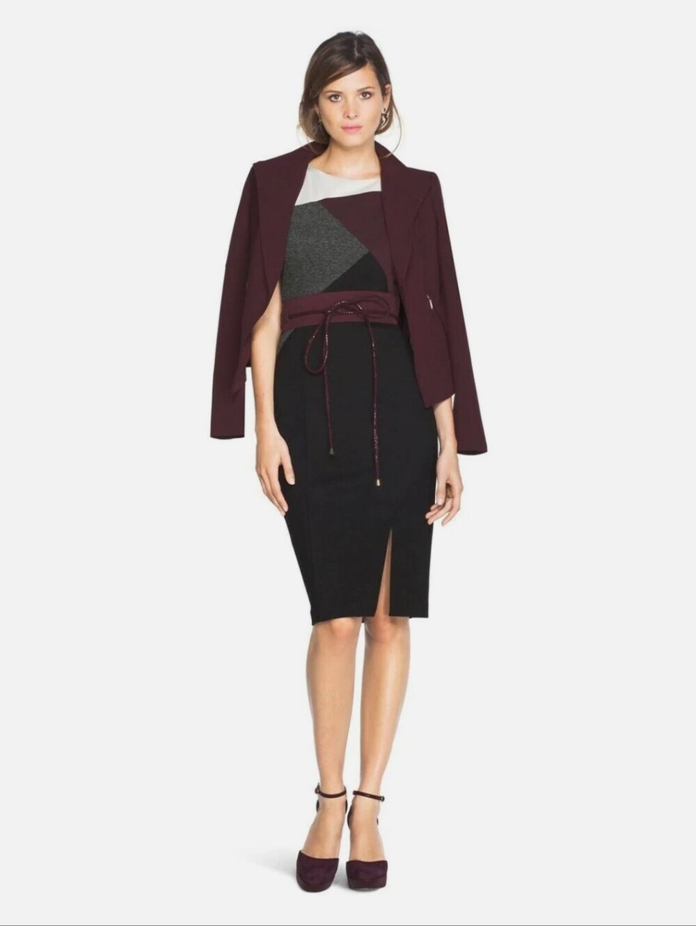 WHBM Colorblock Midi Sheath Dress in Black, Burgundy & Gray Fitted Silhouette M - Picture 8 of 12